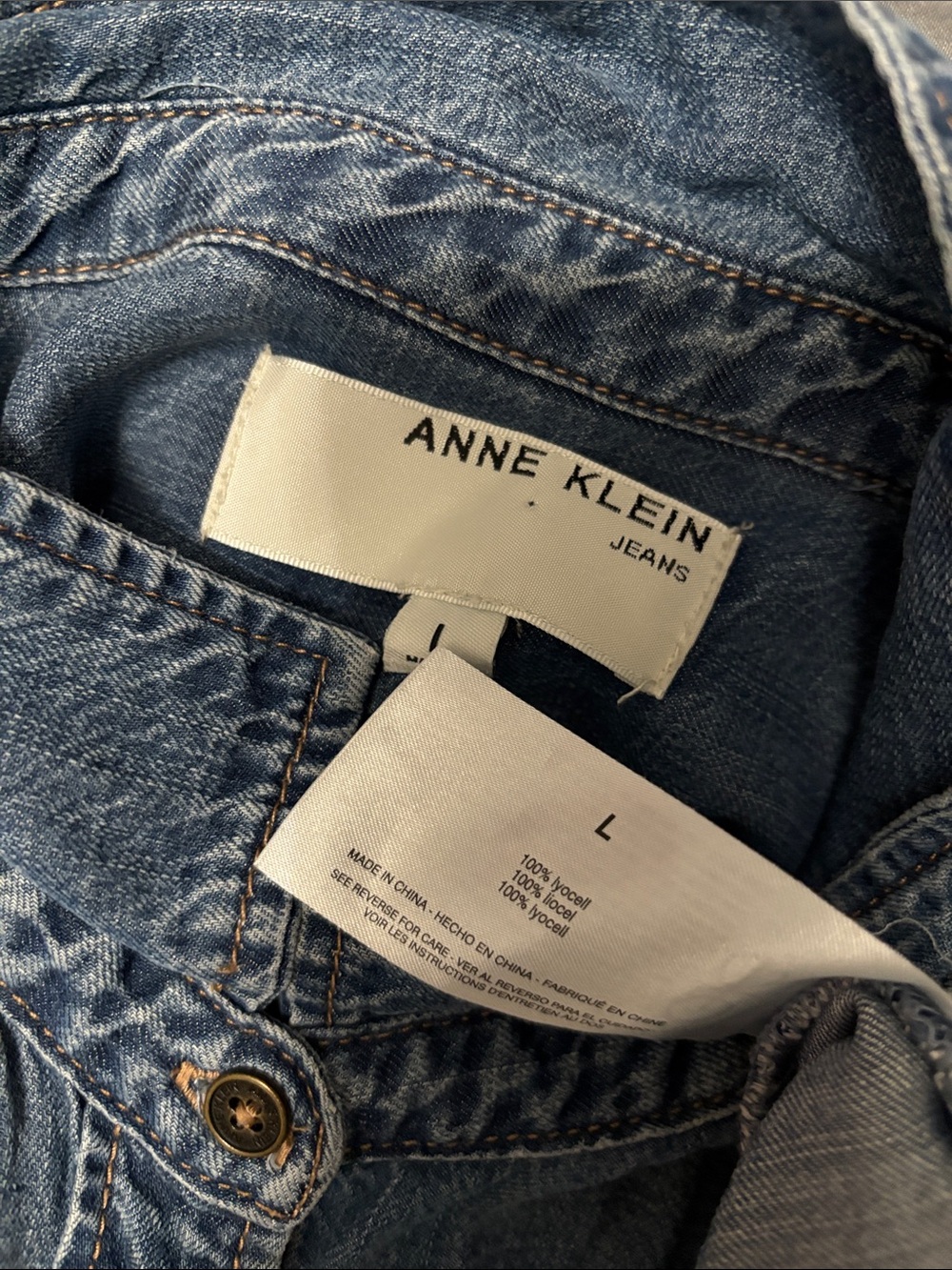 Anne Klein Blue Denim Cap Sleeve Button Shirt Large Y2K Western Chic